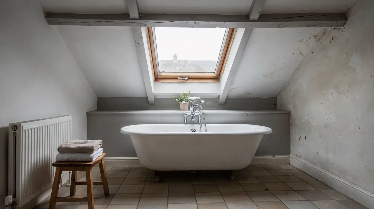 Loft bathroom with a roof window above the bath