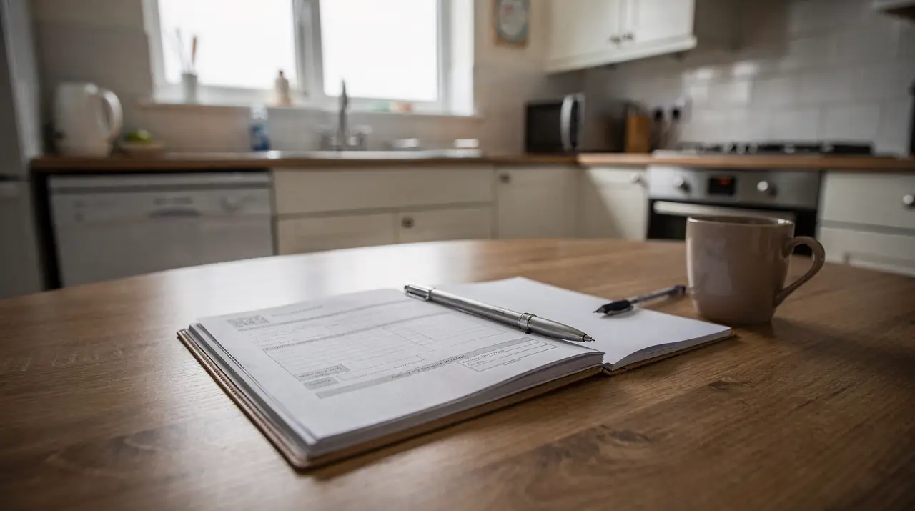 Paperwork and a pen on a kitchen table
