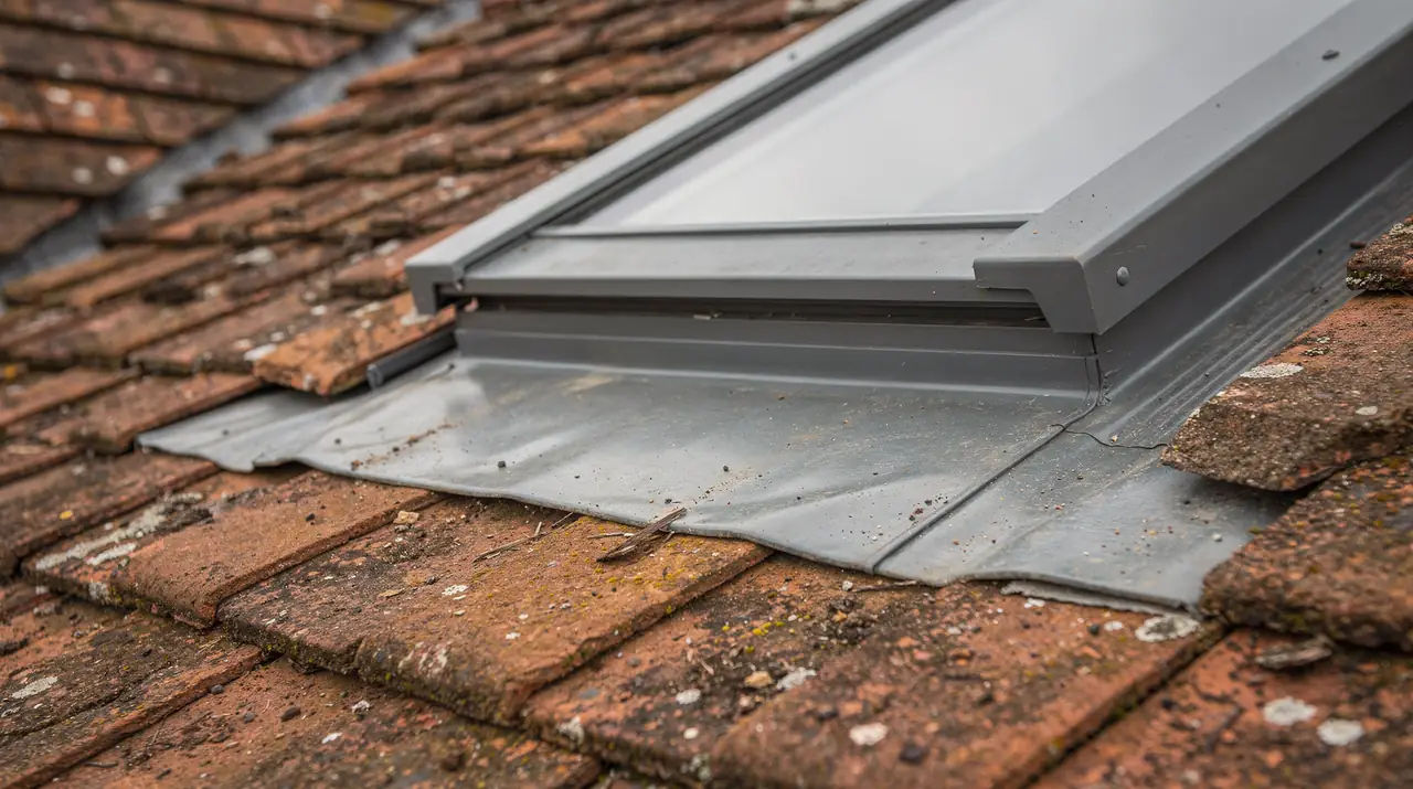 Grey flashing fitted around the lower edge of a roof window in clay tiles