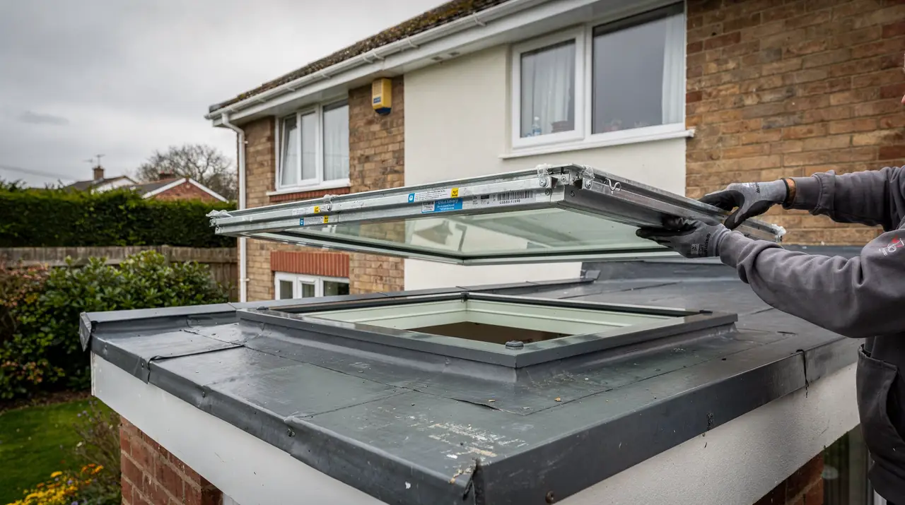 New flat rooflight being lowered onto its frame