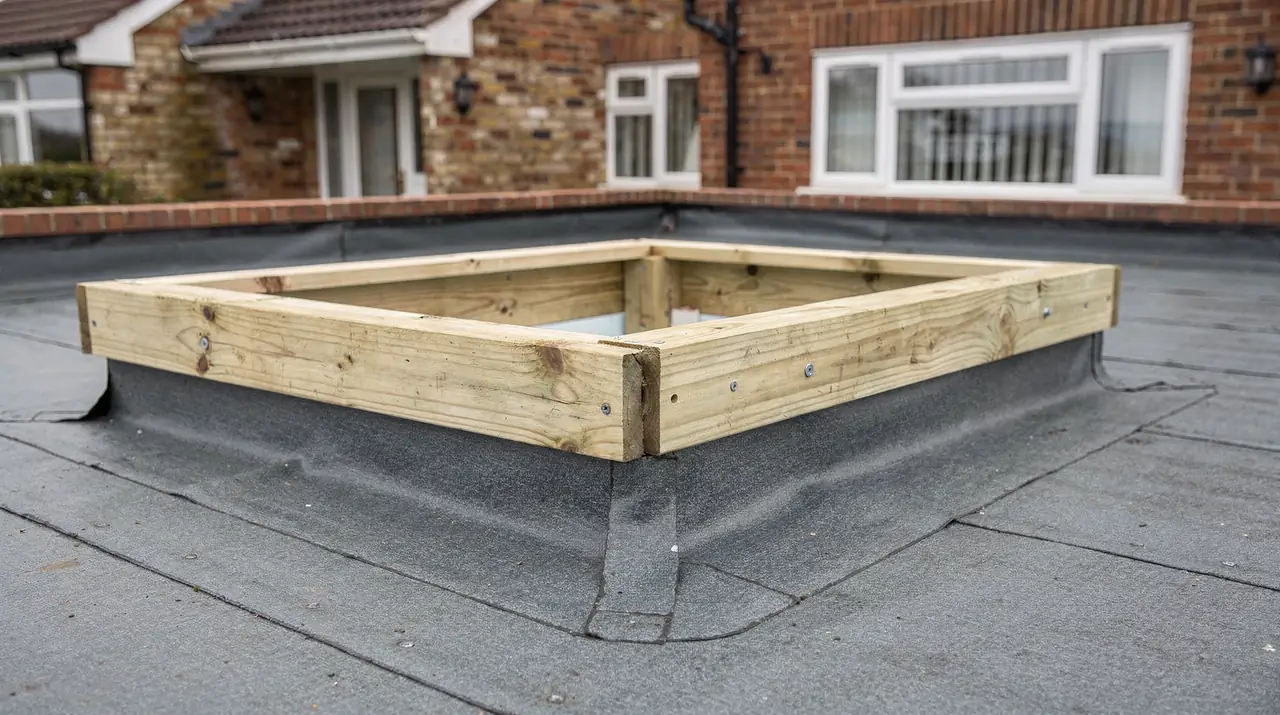 Empty timber kerb on a flat roof ready for a rooflight
