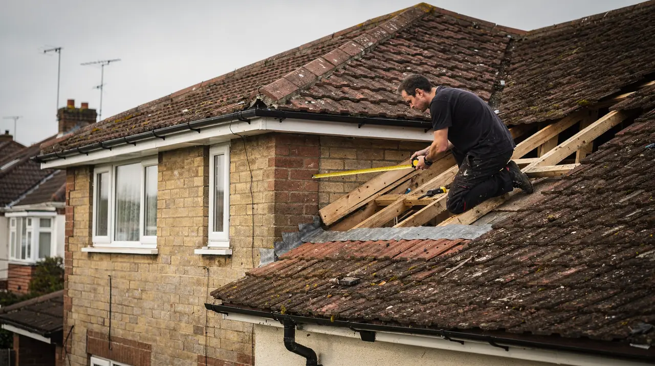 Measuring the gap between two rafters with a tape measure on a tiled roof