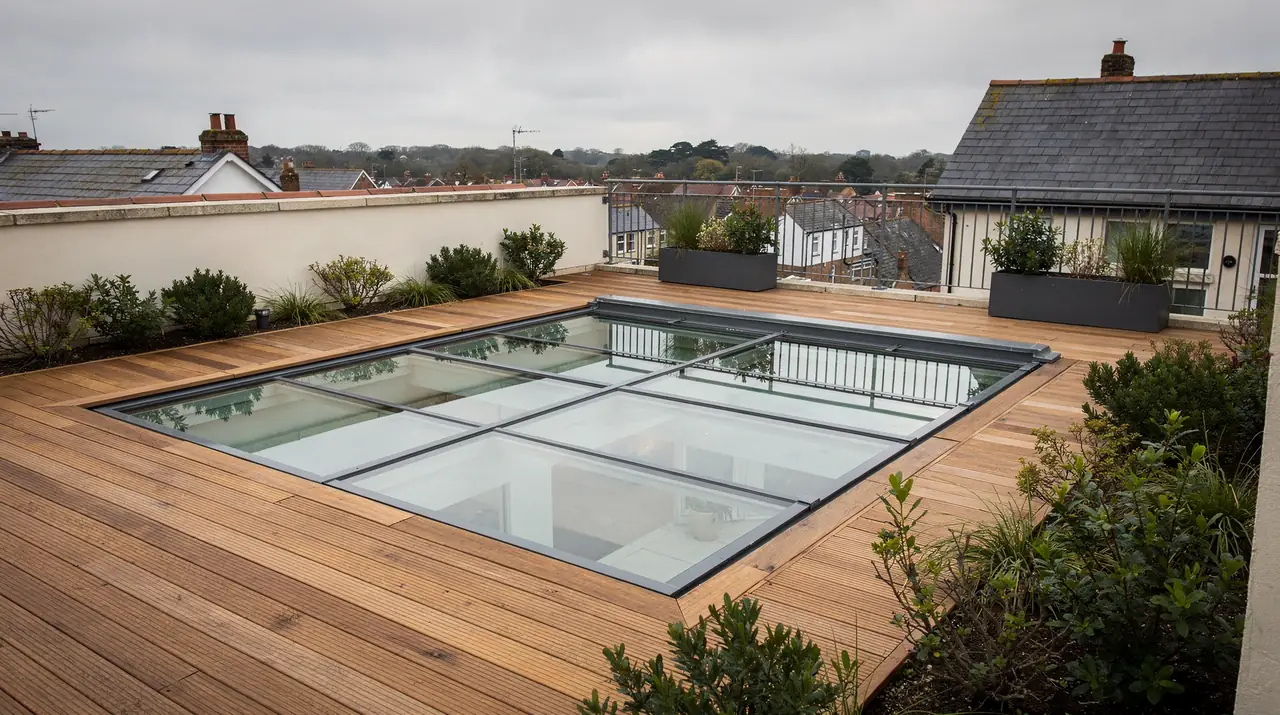 Roof terrace with a flush walk-on glass rooflight