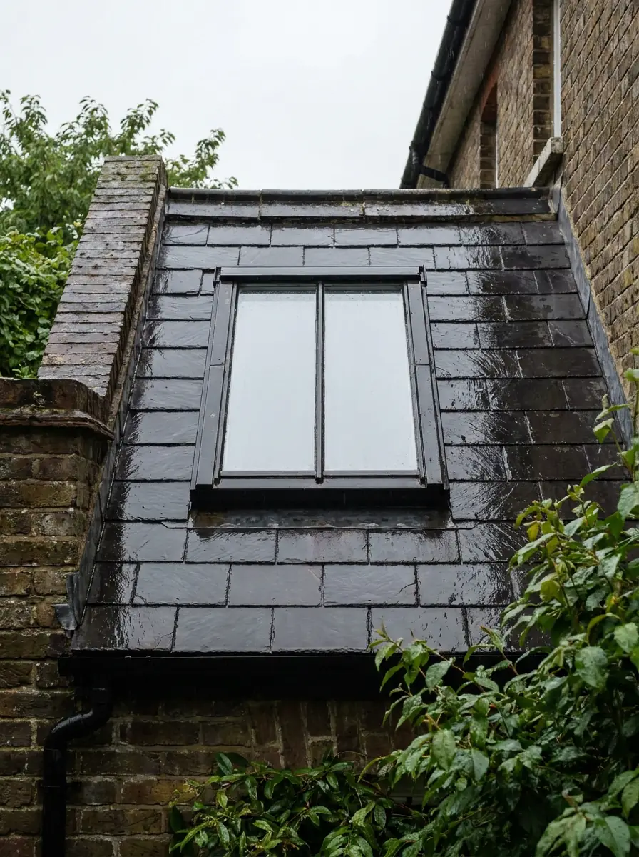 Conservation rooflight set flush in a slate roof slope on a Victorian house, with a single centre bar running up the glass