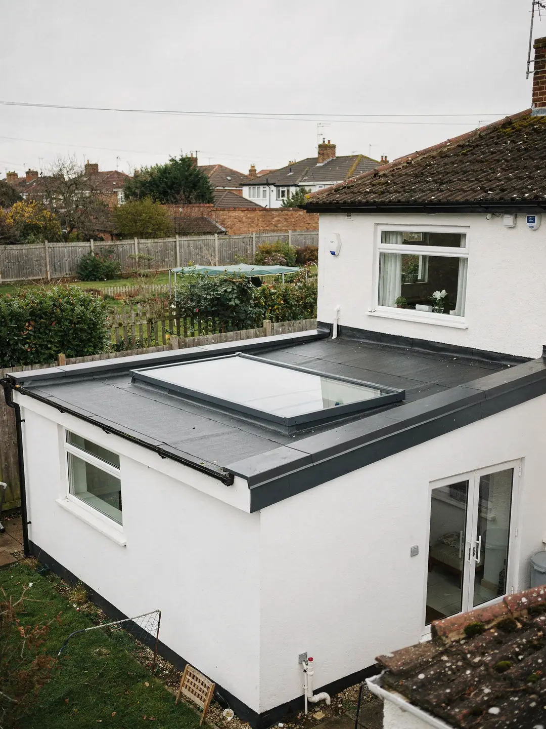 Flat glass rooflight set into the roof of a single-storey kitchen extension, seen from an upstairs window