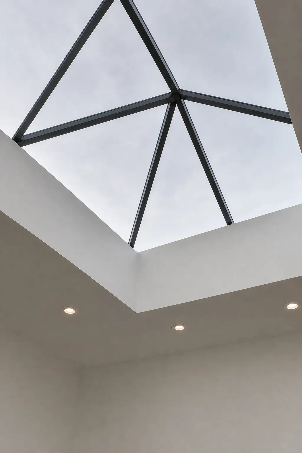 Looking up through a roof lantern set into a white kitchen ceiling, grey sky beyond the glazing bars