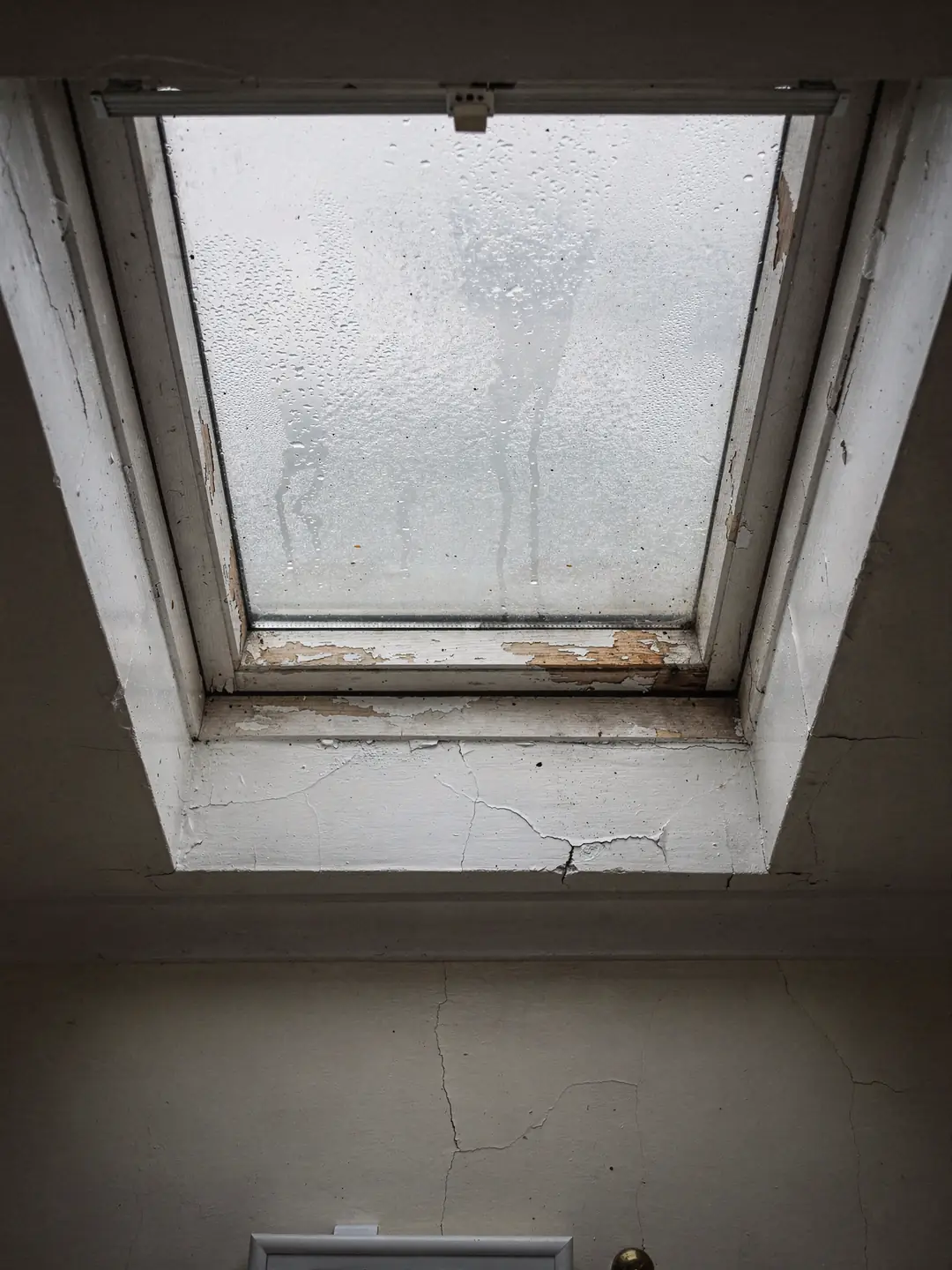 Old pitched rooflight with fogged glass in the roof of a 1930s semi, seen from the garden