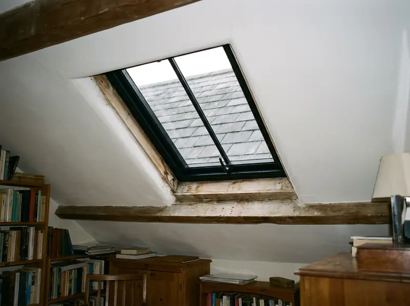 Conservation rooflight seen from inside a sloping ceiling