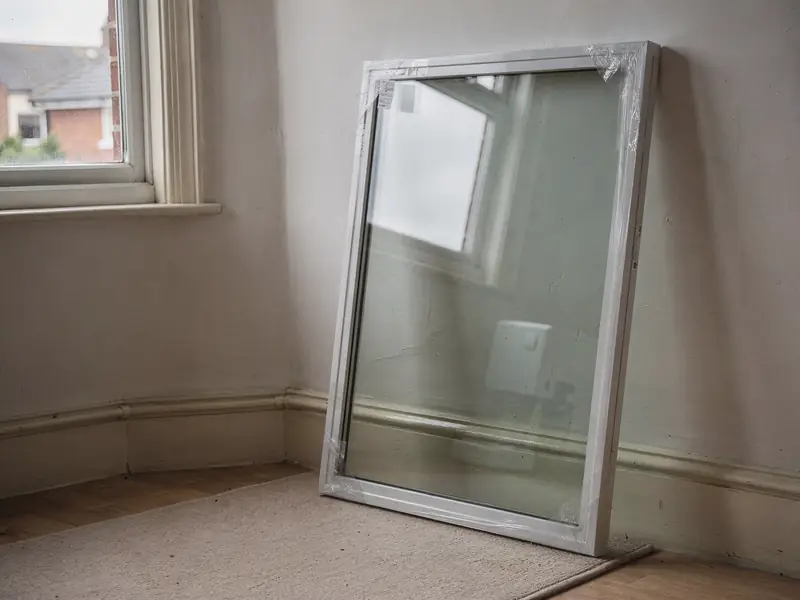 New sealed glass unit leaning against a wall indoors