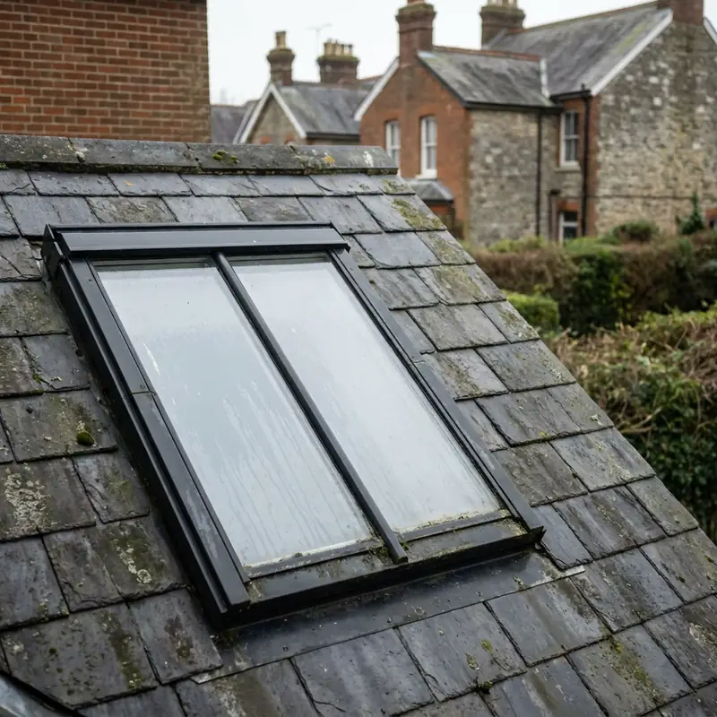 Conservation rooflight with a black frame in a slate roof