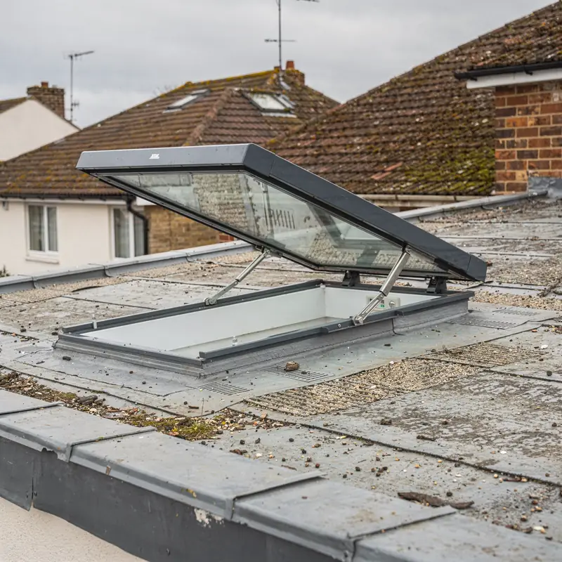 Opening flat rooflight raised on its hinge