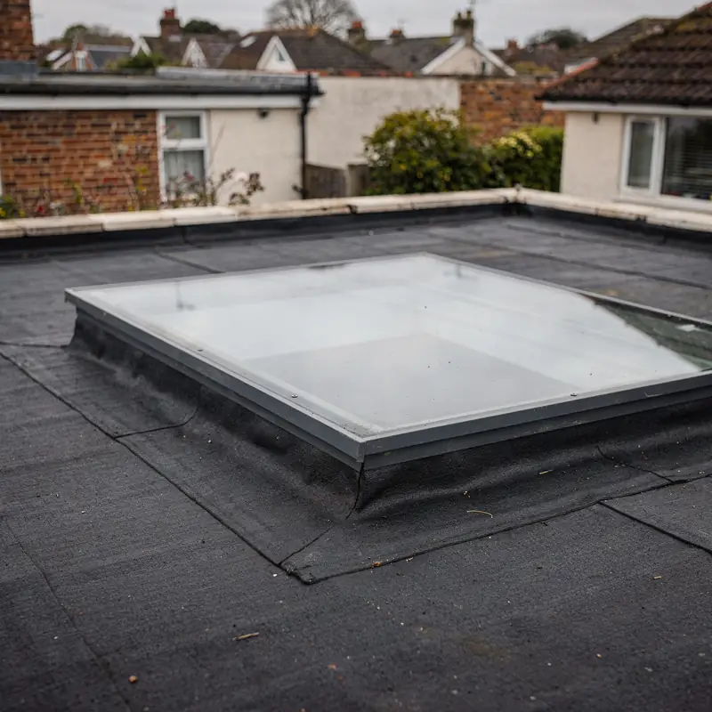 Flat glass rooflight on a dark membrane roof